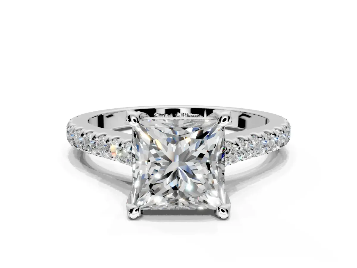 Solitaire Engagement Ring Setting for Princess Cut Center with Widening Pave Band and Claw Prong Head in Sterling Silver