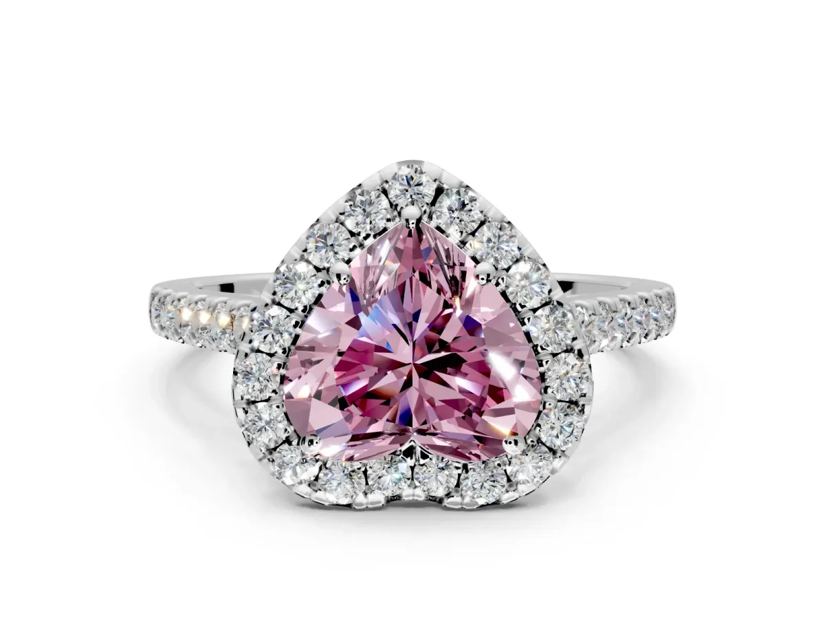 Halo Engagement Ring Setting for Fancy Pink Heart-Shaped Center with Narrowing Pave Band and Prong Head in Platinum