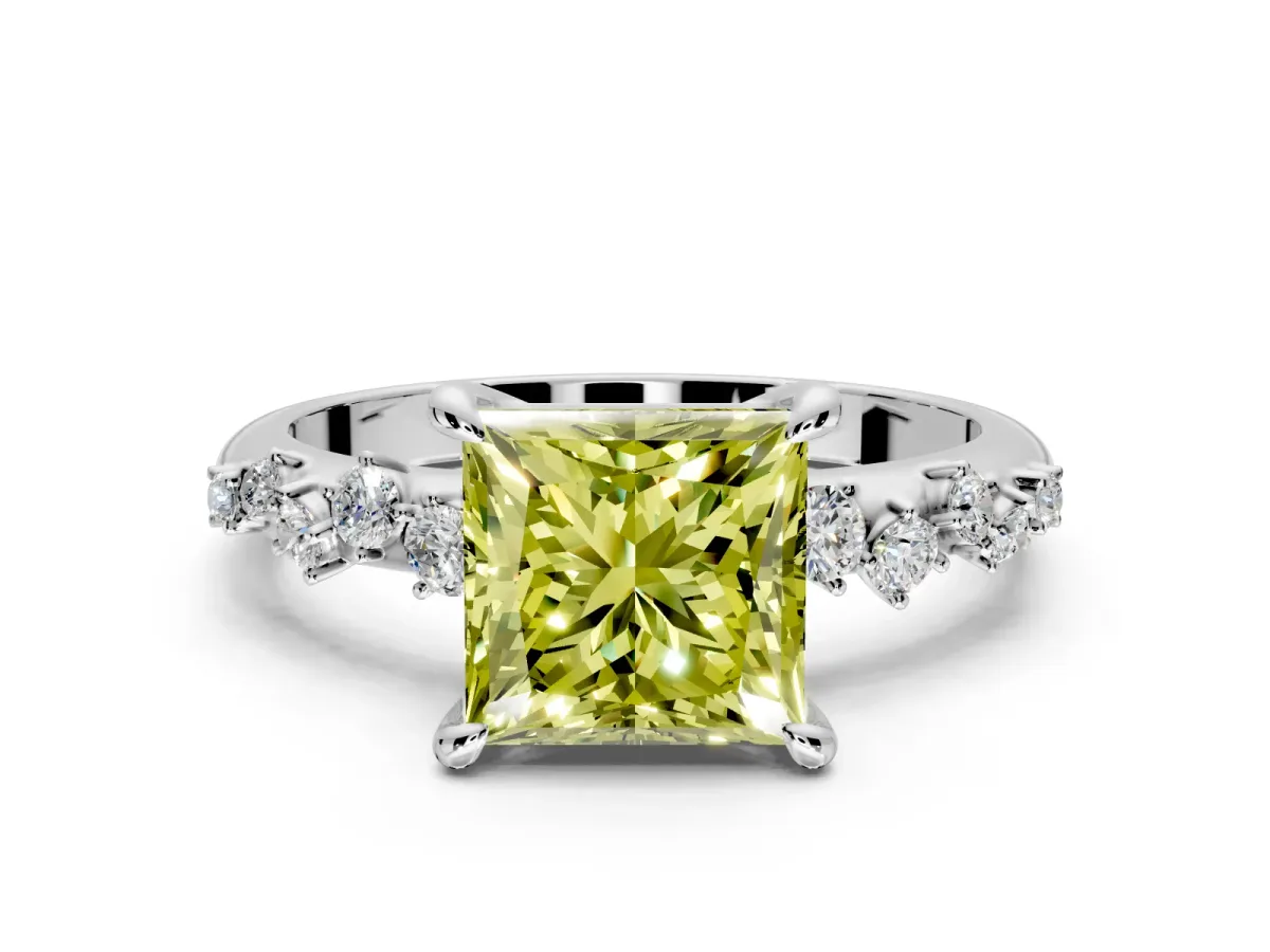 Solitaire Engagement Ring Setting for Fancy Yellow Princess Cut Center with Trailing Leaf Accent Band and Prong Head in Platinum