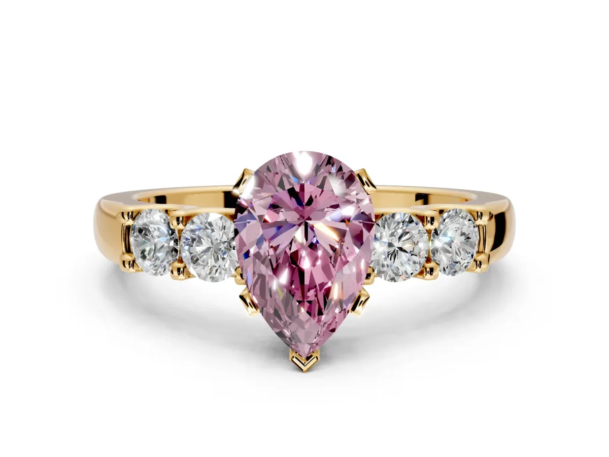 5 Stone Engagement Ring Setting for Fancy Pink Pear-Shaped Center with Plain Band and Prong Head in Yellow Gold