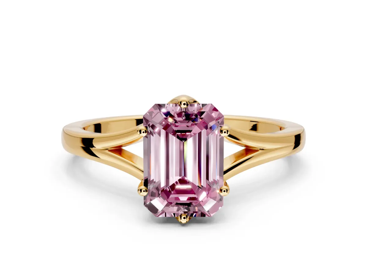 Solitaire Engagement Ring Setting for Fancy Pink Emerald Cut Center with Plain Split Shank and Prong Head in Yellow Gold
