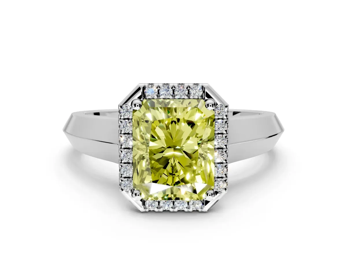 Halo Engagement Ring Setting for Fancy Yellow Radiant Cut Center with Knife Ridge Cathedral Band and Prong Head in White Gold