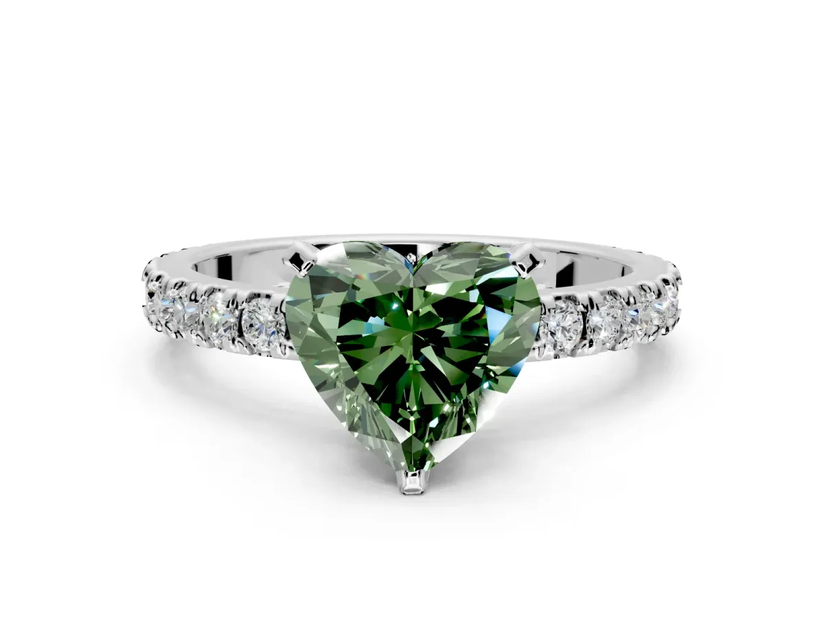 Solitaire Engagement Ring Setting for Fancy Green Heart-Shaped Center with Fine Pave Band and Claw Prong Head in Sterling Silver