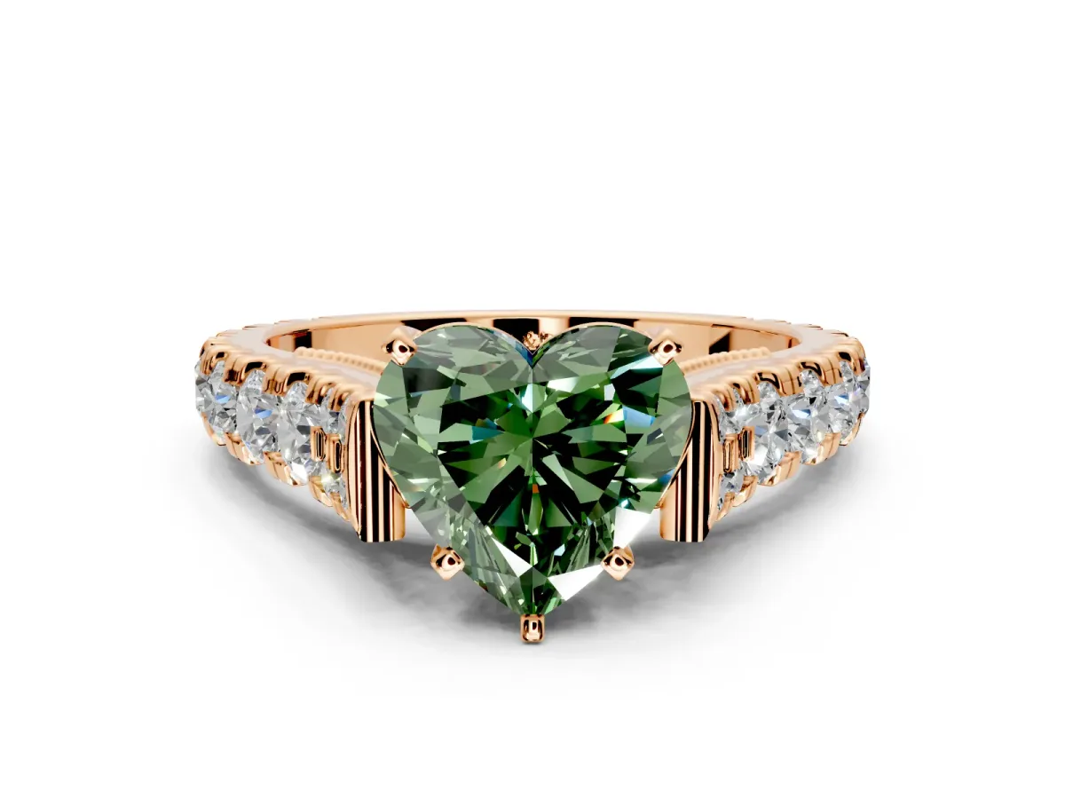 Solitaire Engagement Ring Setting for Fancy Green Heart-Shaped Center with Pave Cathedral Shoulders and Prong Head in Rose Gold
