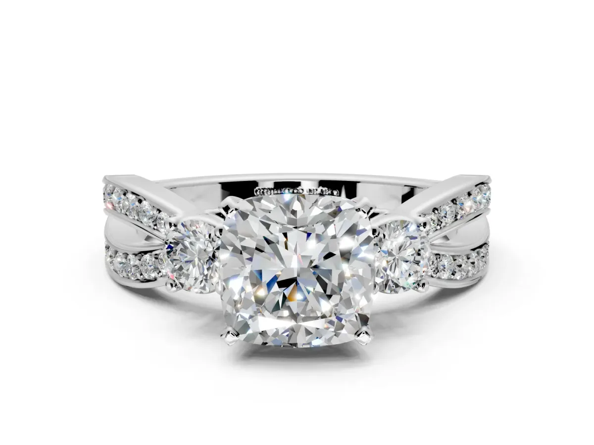3 Stone Engagement Ring Setting for Cushion Cut Center with Pave Twist Band and Prong Head in Platinum