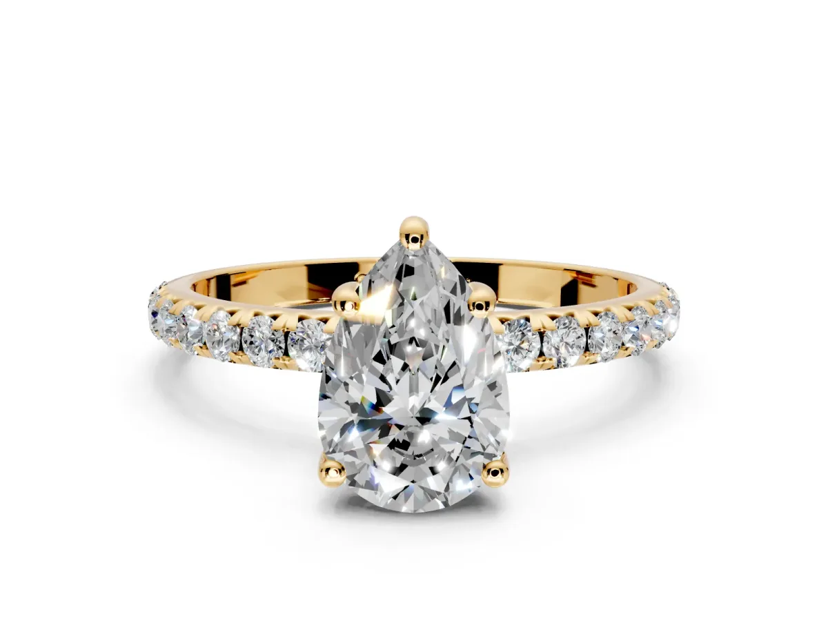 Solitaire Engagement Ring Setting for Pear-Shaped Center with Micro Pave Band and Prong Head in Yellow Gold