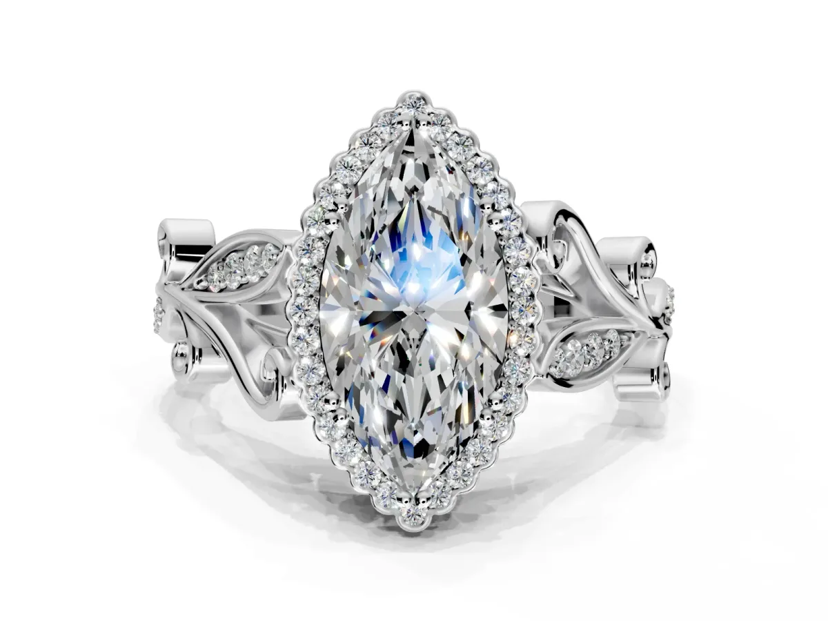 Halo Engagement Ring Setting for Marquise Center with Leaf Motif Split Shank and Prong Head in Sterling Silver