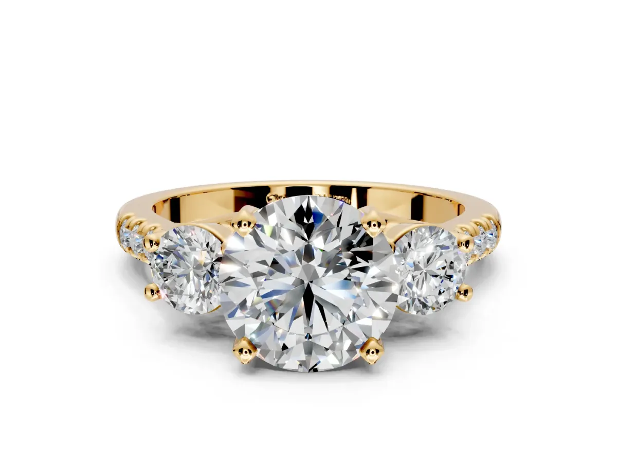 3 Stone Engagement Ring Setting for Round Cut Center with Crossover Basket, Pave Band and Prong Head in Yellow Gold