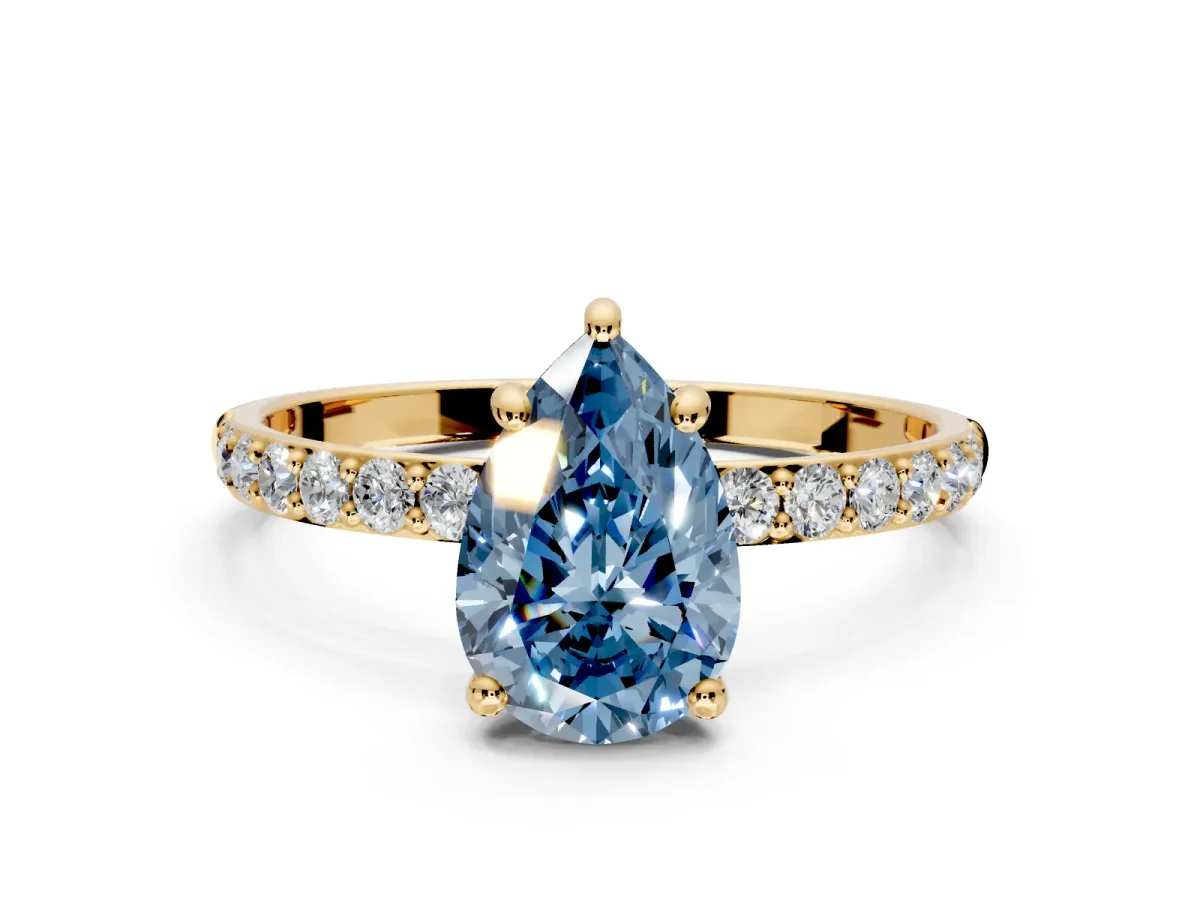 Solitaire Engagement Ring Setting for Fancy Blue Pear-Shaped Center with Pave Accents and Prong Head in Yellow Gold