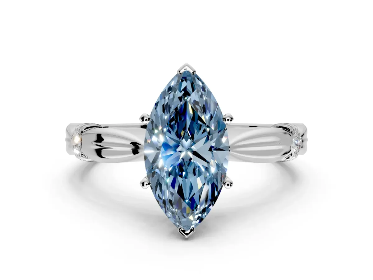 Solitaire Engagement Ring Setting for Fancy Blue Marquise Center with Carved Leaf Shoulders and Prong Head in Sterling Silver