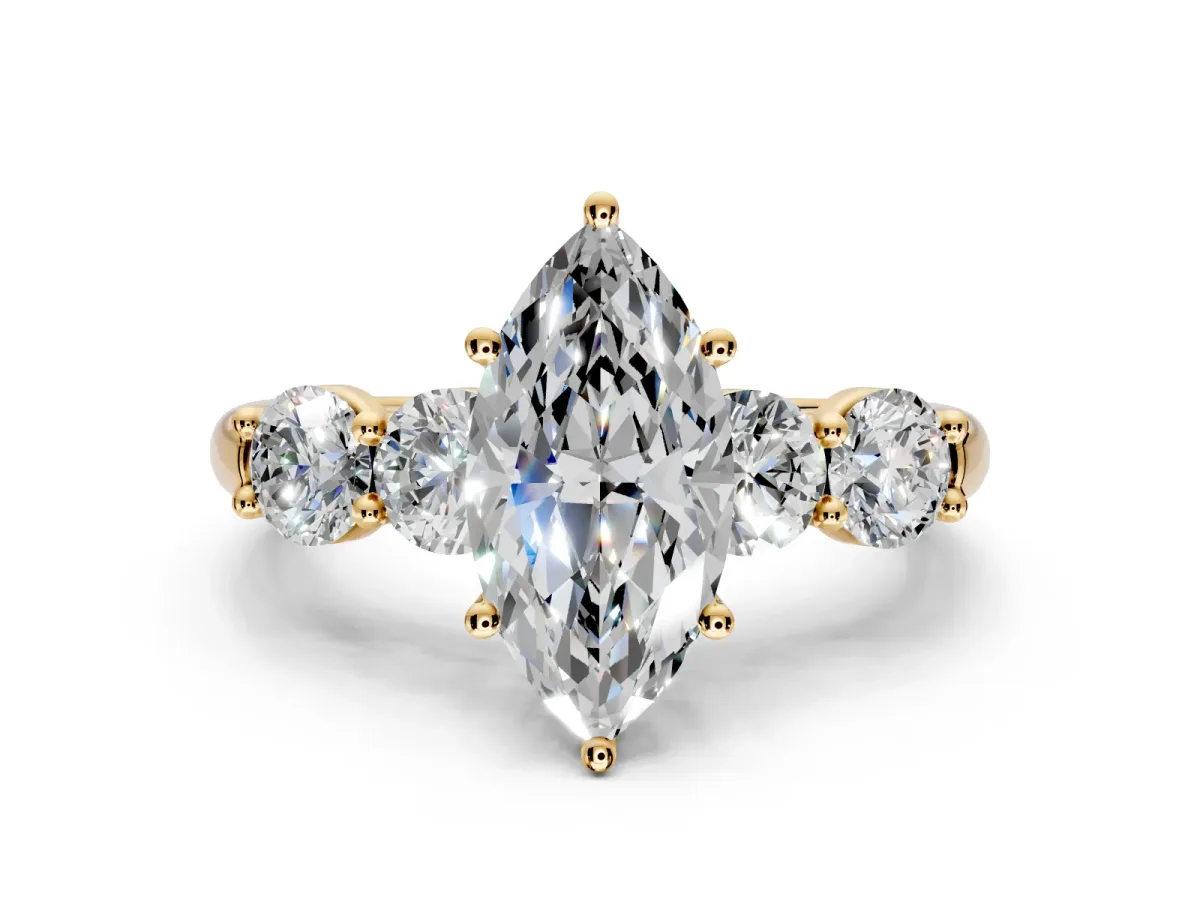 5 Stone Engagement Ring Setting for Marquise Center with Graduated Accents and Prong Head in Yellow Gold