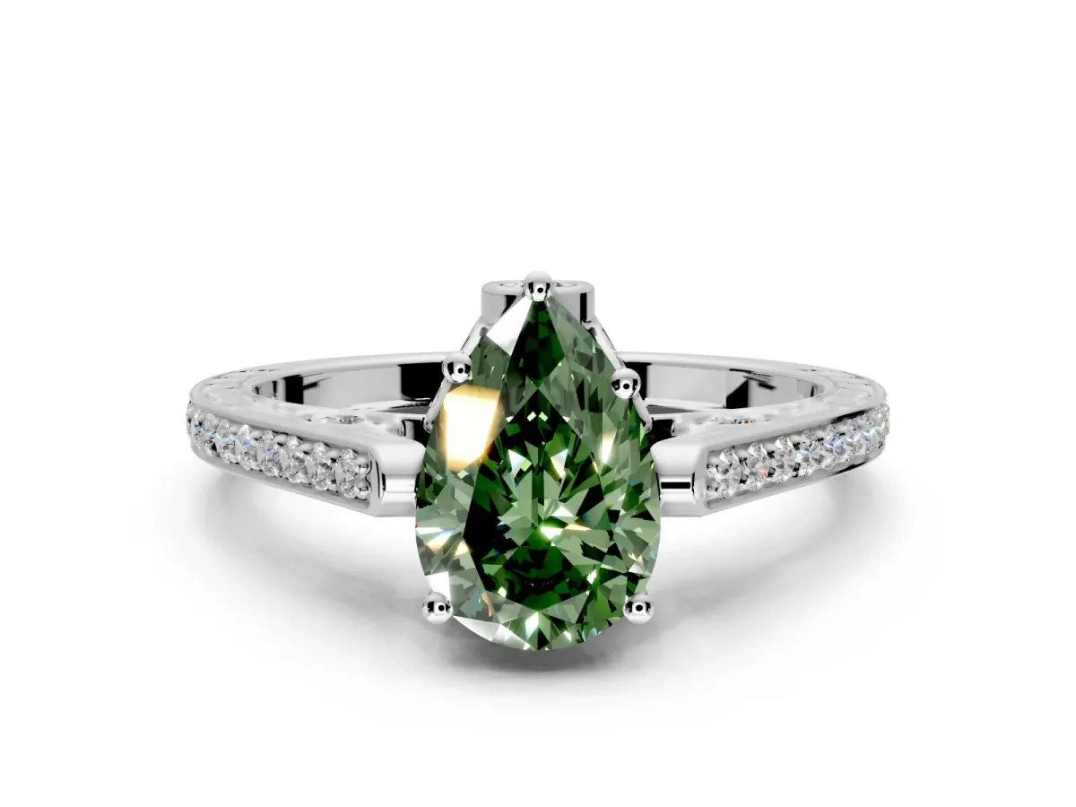 Cathedral Engagement Ring Setting for Fancy Green Pear-Shaped Center with Antique-Style Pave Band and Prong Head in Sterling Silver