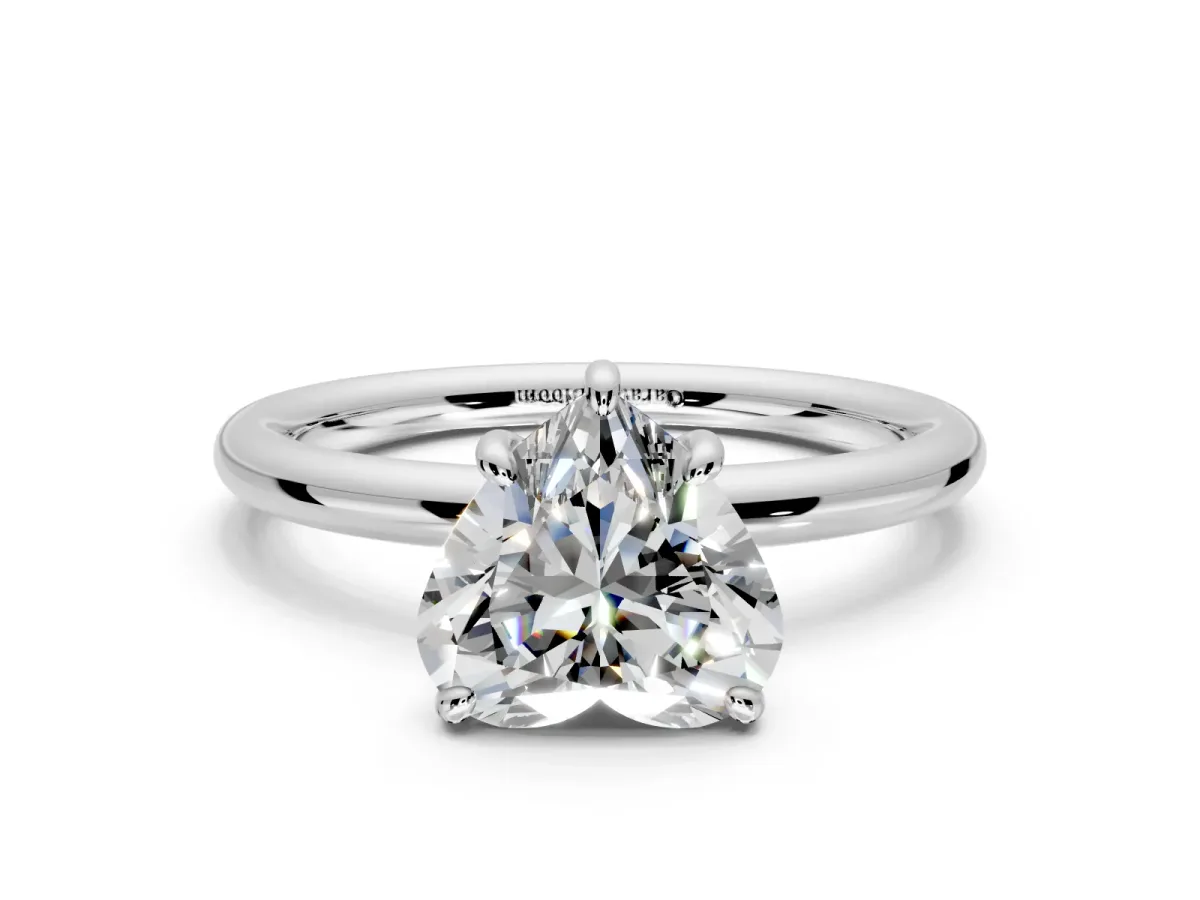 Low-Set Solitaire Engagement Ring Setting for Heart-Shaped Center with Thin Plain Band and Prong Head in White Gold