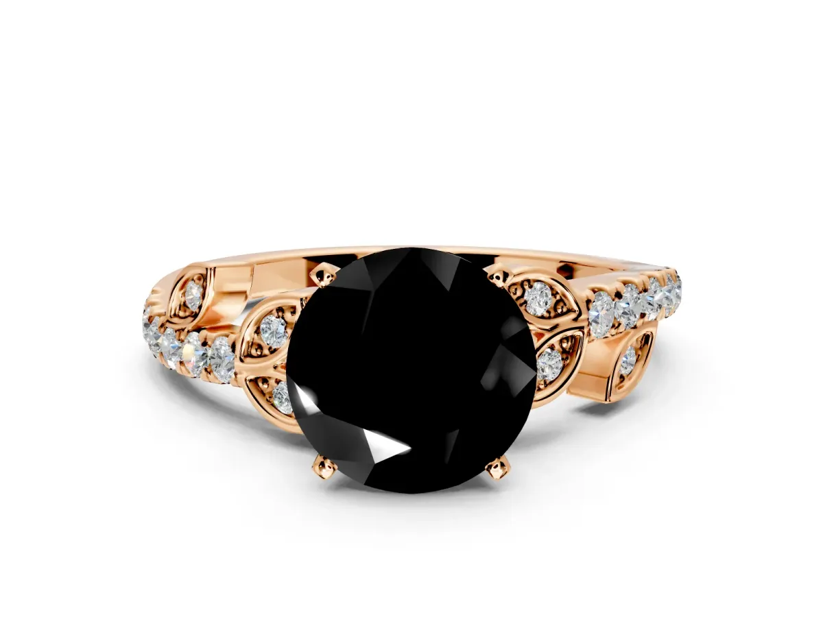Leaf Motif Engagement Ring Setting for Fancy Black Round Cut Center with Pave Band and Prong Head in Rose Gold