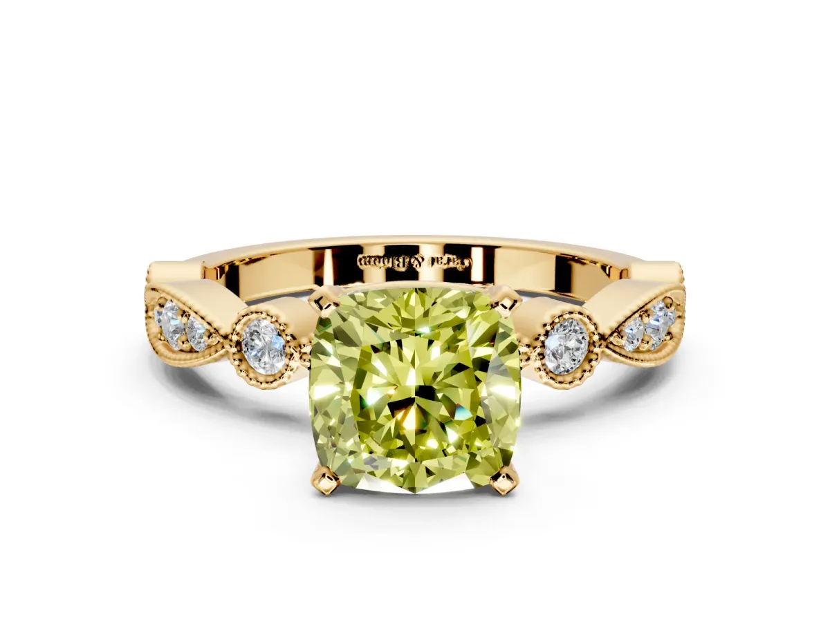Solitaire Engagement Ring Setting for Fancy Yellow Cushion Cut Center with Milgrain Bezel Accents and Prong Head in Yellow Gold