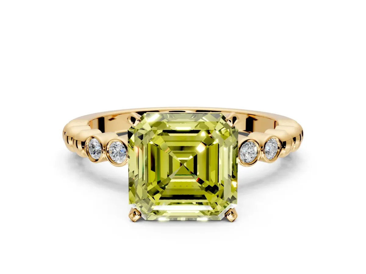 Solitaire Engagement Ring Setting for Fancy Yellow Asscher Cut Center with Bezel-Dot Beaded Band and Prong Head in Yellow Gold