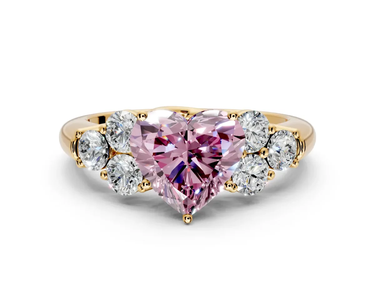 Cluster Engagement Ring Setting for Fancy Pink Heart-Shaped Center with Round Cut Accent Frame and Prong Head in Yellow Gold