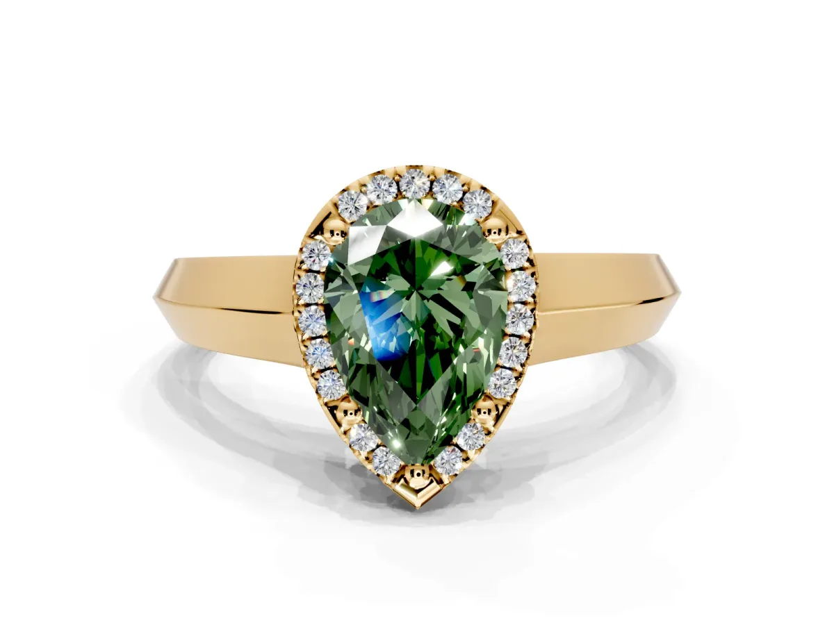 Halo Engagement Ring Setting for Fancy Green Pear-Shaped Center with Knife Ridge Cathedral Band and Prong Head in Yellow Gold