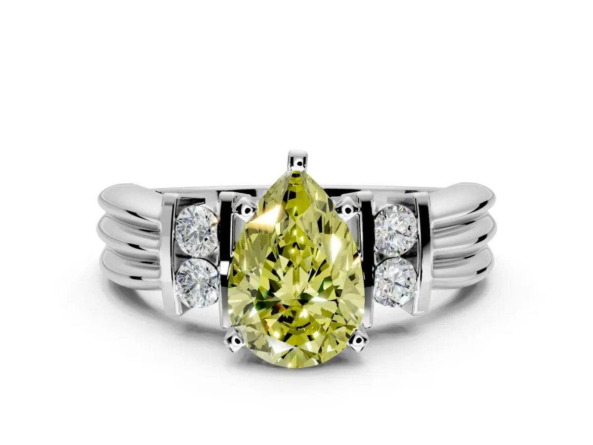 Solitaire Engagement Ring Setting for Fancy Yellow Pear-Shaped Center with Grooved Bar Accent Band and Prong Head in Platinum