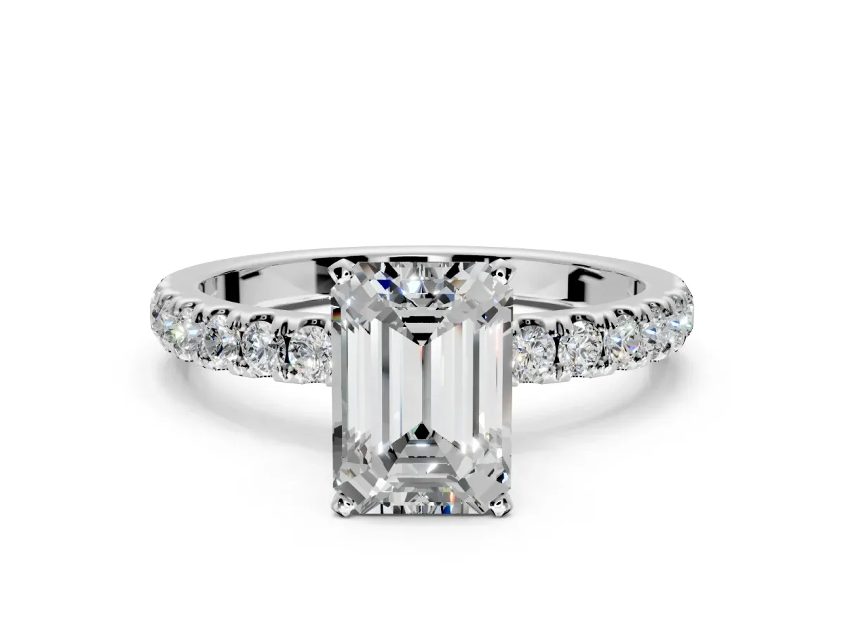 Open Basket Engagement Ring Setting for Emerald Cut Center with Pave Band and Prong Head in White Gold