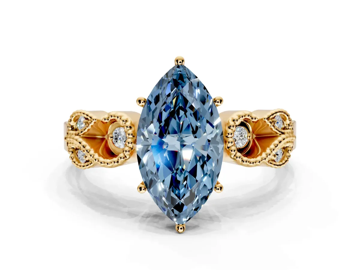 Leaf Engagement Ring Setting for Fancy Blue Marquise Center with Milgrain Accent Band and Prong Head in Yellow Gold