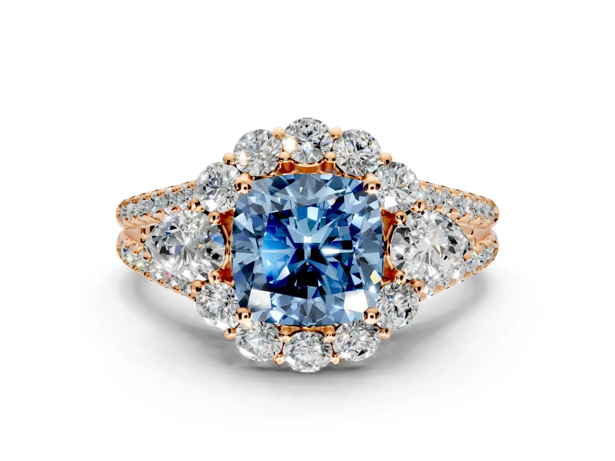 Halo Engagement Ring Setting for Fancy Blue Cushion Cut Center with Two-Strand Split Shank and Prong Head in Rose Gold