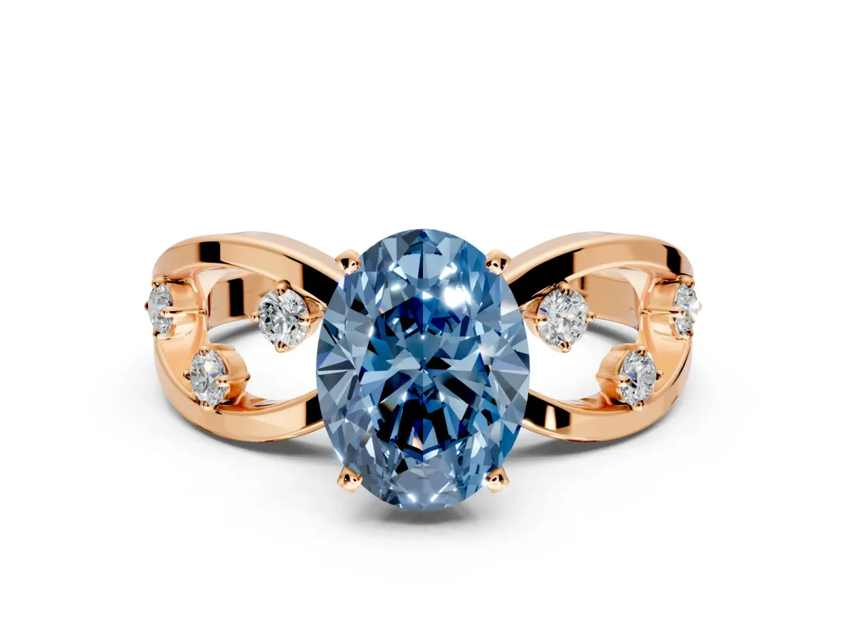 Solitaire Engagement Ring Setting for Fancy Blue Oval Center with Criss-Cross Accent Band and Prong Head in Rose Gold