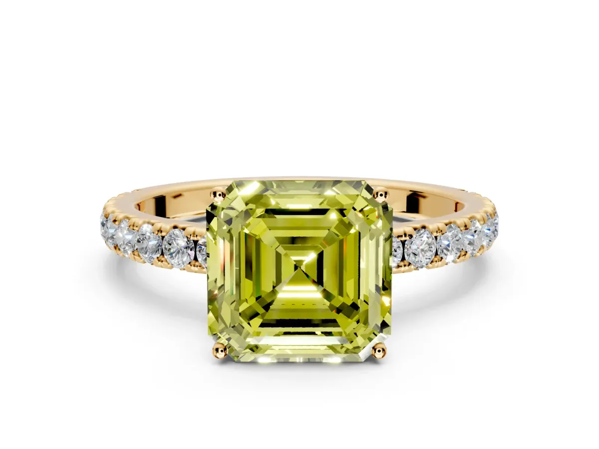 Solitaire Engagement Ring Setting for Fancy Yellow Asscher Cut Center with Large Accent Band and Prong Head in Yellow Gold