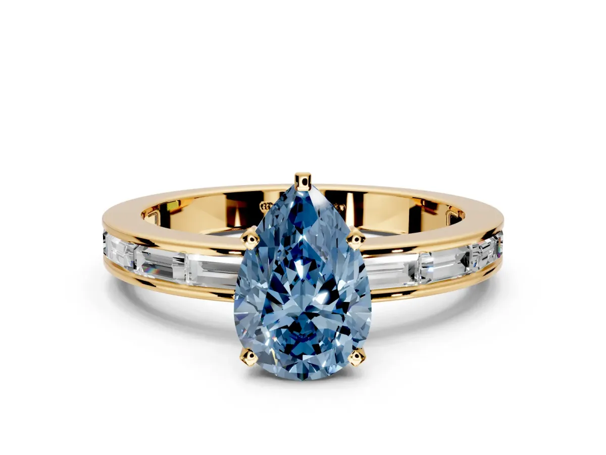 Solitaire Engagement Ring Setting for Fancy Blue Pear-Shaped Center with Channel Baguette Band and Prong Head in Yellow Gold