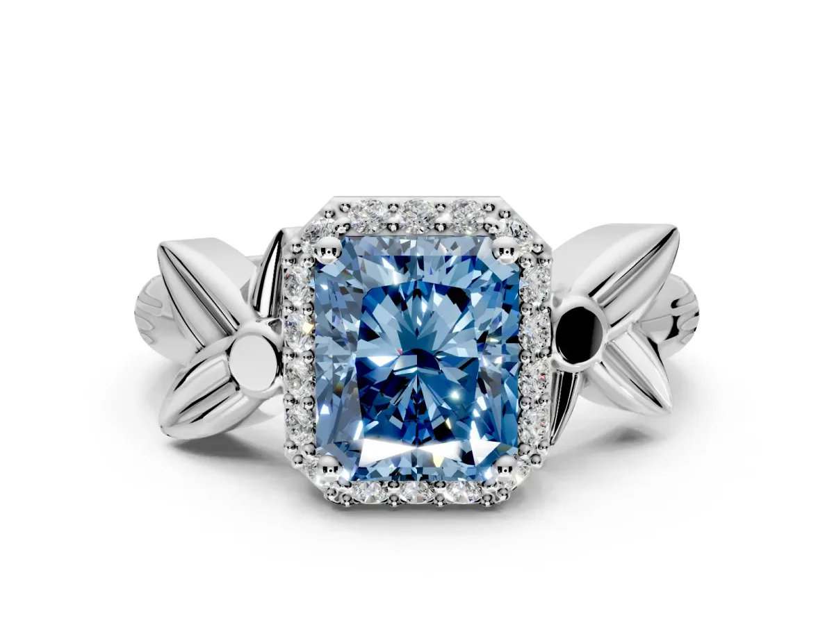 Halo Engagement Ring Setting for Fancy Blue Radiant Cut Center with Floral Band and Prong Head in White Gold
