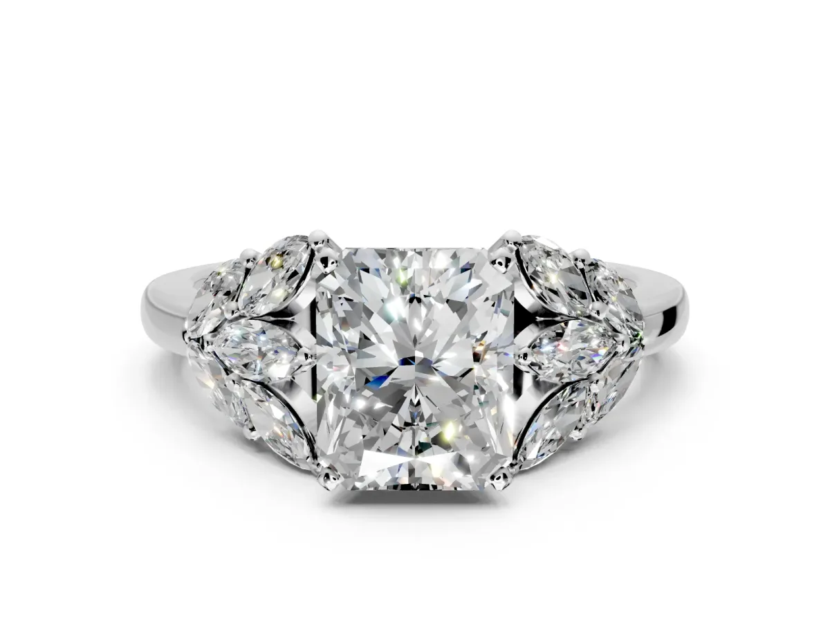 Leaf Cluster Engagement Ring Setting for Radiant Cut Center with Marquise Accents and Prong Head in Sterling Silver