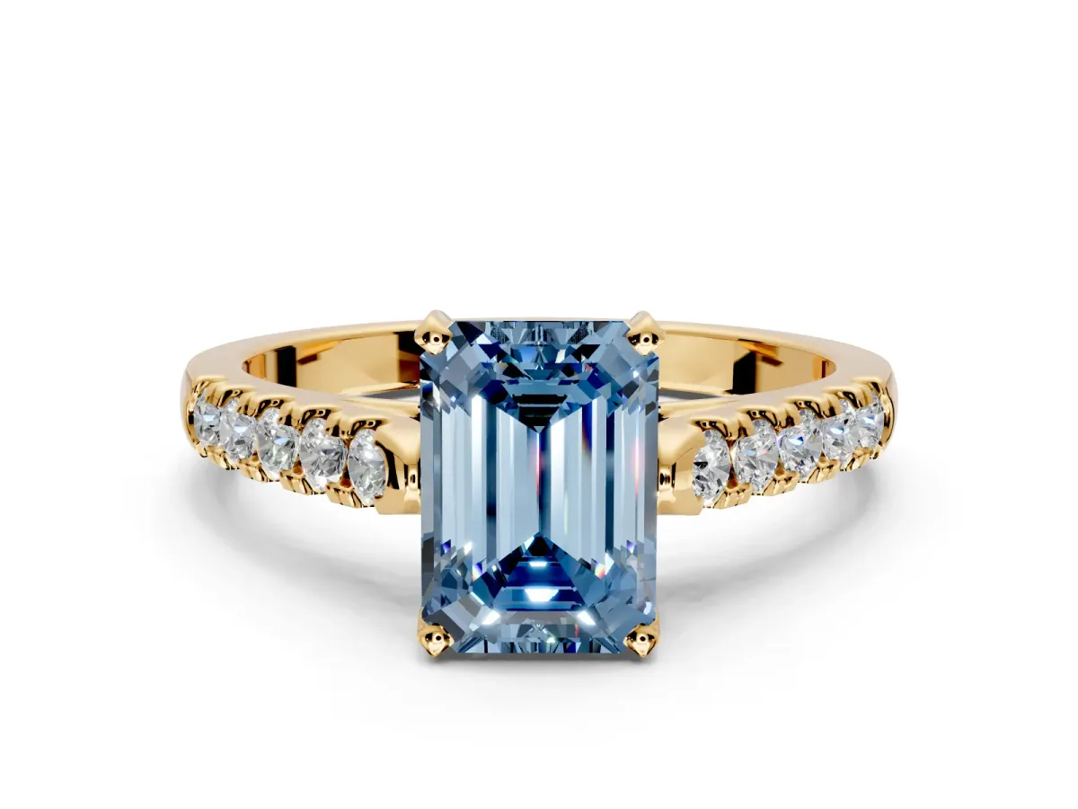 Solitaire Engagement Ring Setting for Fancy Blue Emerald Cut Center with Partway Pave Band and Prong Head in Yellow Gold