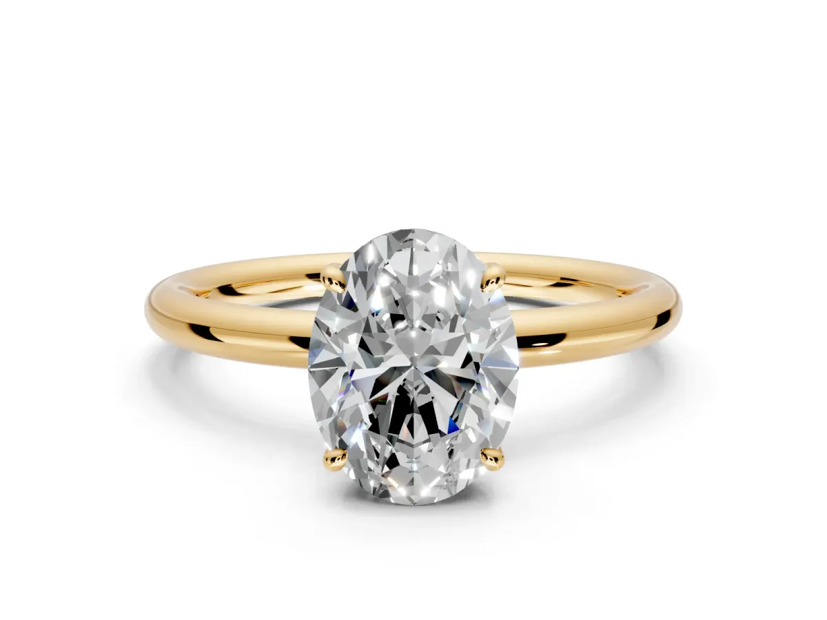 Hidden Halo Engagement Ring Setting for Oval Center with Thin Rounded Band and Prong Head in Yellow Gold