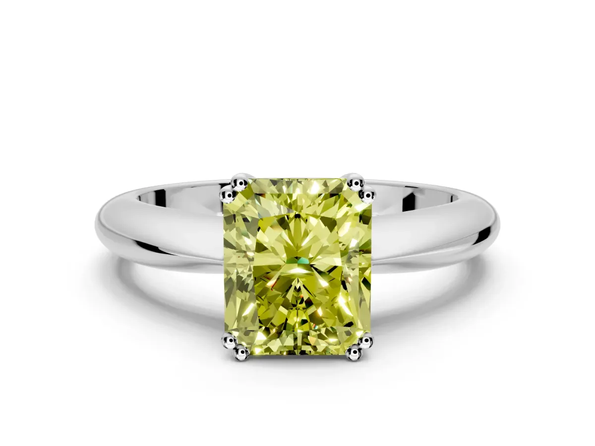 Solitaire Engagement Ring Setting for Fancy Yellow Radiant Cut Center with Reverse Tapered Band and Prong Head in Platinum