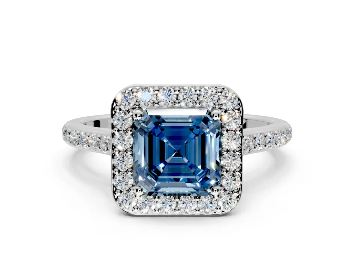 Halo Engagement Ring Setting for Fancy Blue Asscher Cut Center with Pave Accents, Heart Basket and Prong Head in Platinum