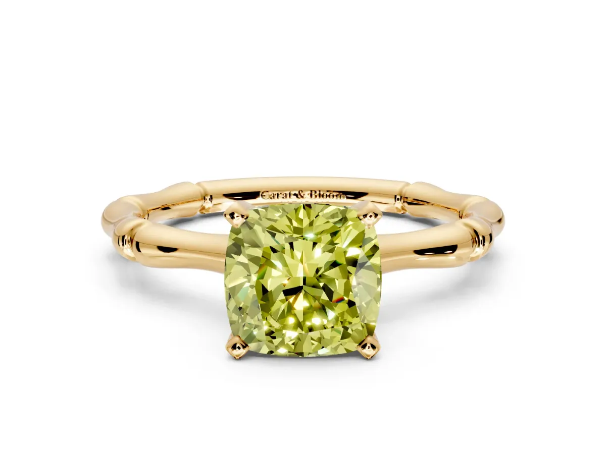 Solitaire Engagement Ring Setting for Fancy Yellow Cushion Cut Center with Bamboo Band and Prong Head in Yellow Gold