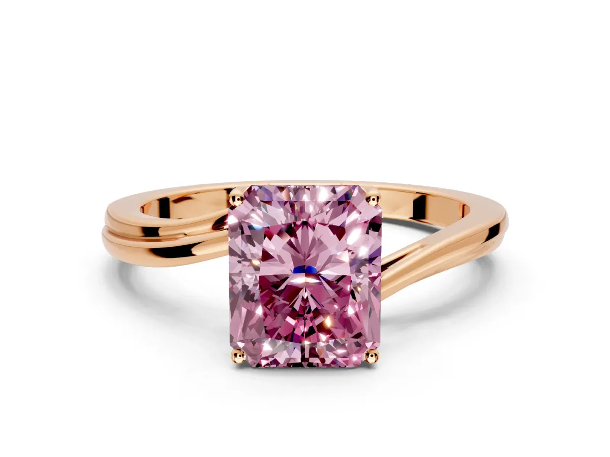 Solitaire Engagement Ring Setting for Fancy Pink Radiant Cut Center with Plain Bypass Twist Band and Prong Head in Rose Gold