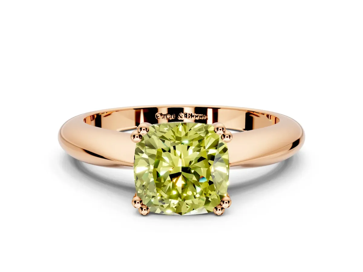 Solitaire Engagement Ring Setting for Fancy Yellow Cushion Cut Center with Reverse Tapered Band and Prong Head in Rose Gold