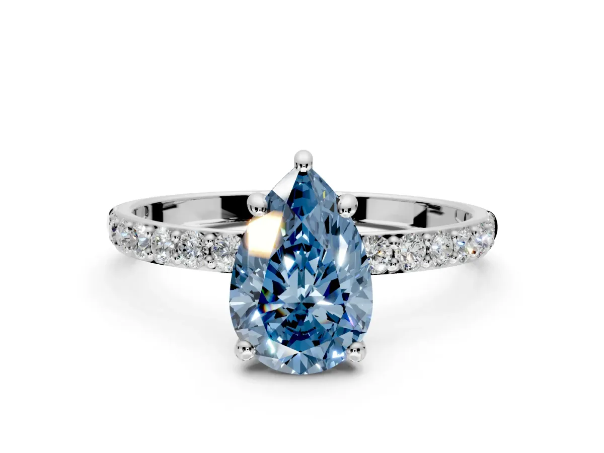 Solitaire Engagement Ring Setting for Fancy Blue Pear-Shaped Center with Pave Accents and Prong Head in Platinum