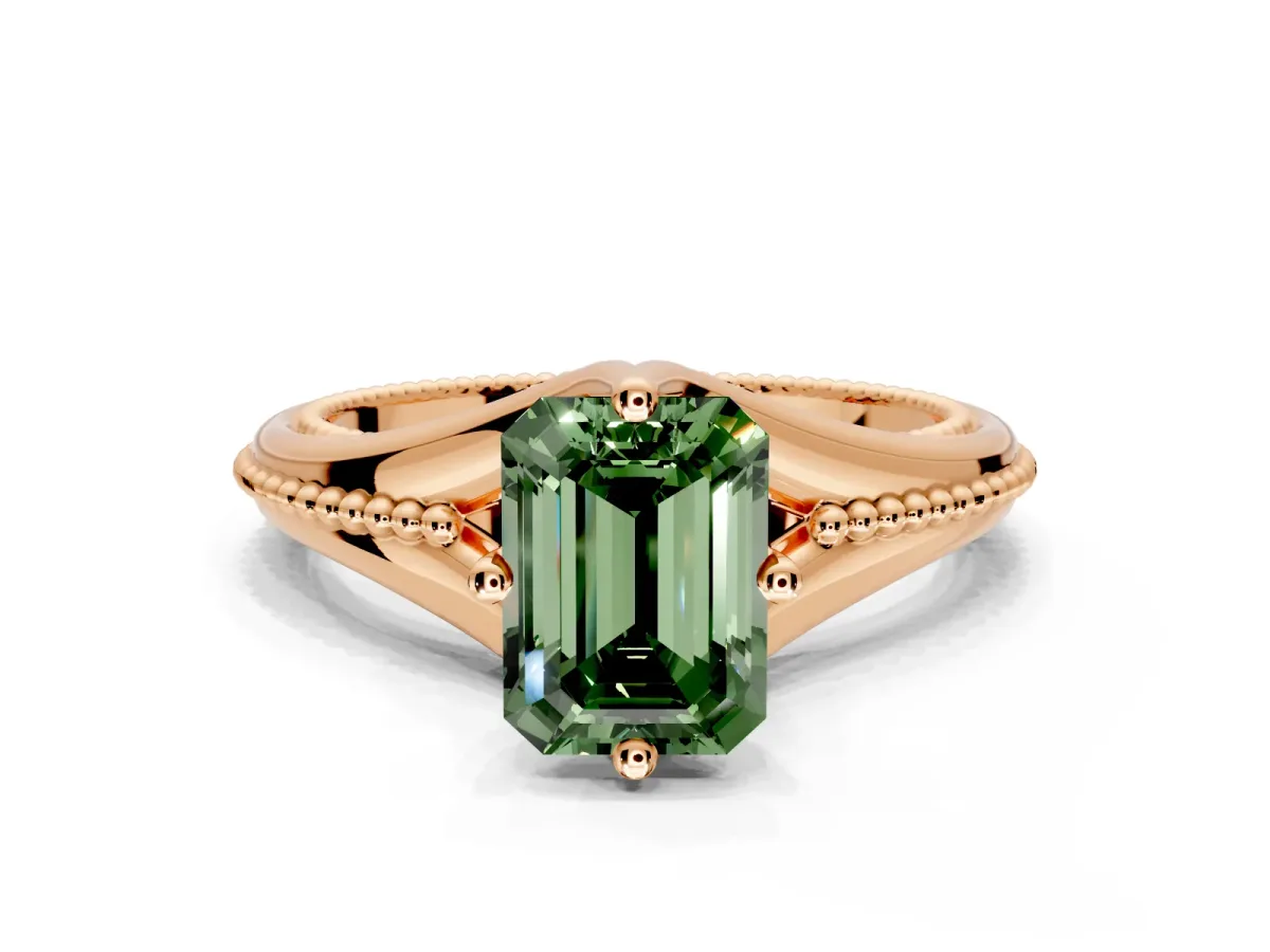 Solitaire Engagement Ring Setting for Fancy Green Emerald Cut Center with Milgrain Cathedral Band and Prong Head in Rose Gold