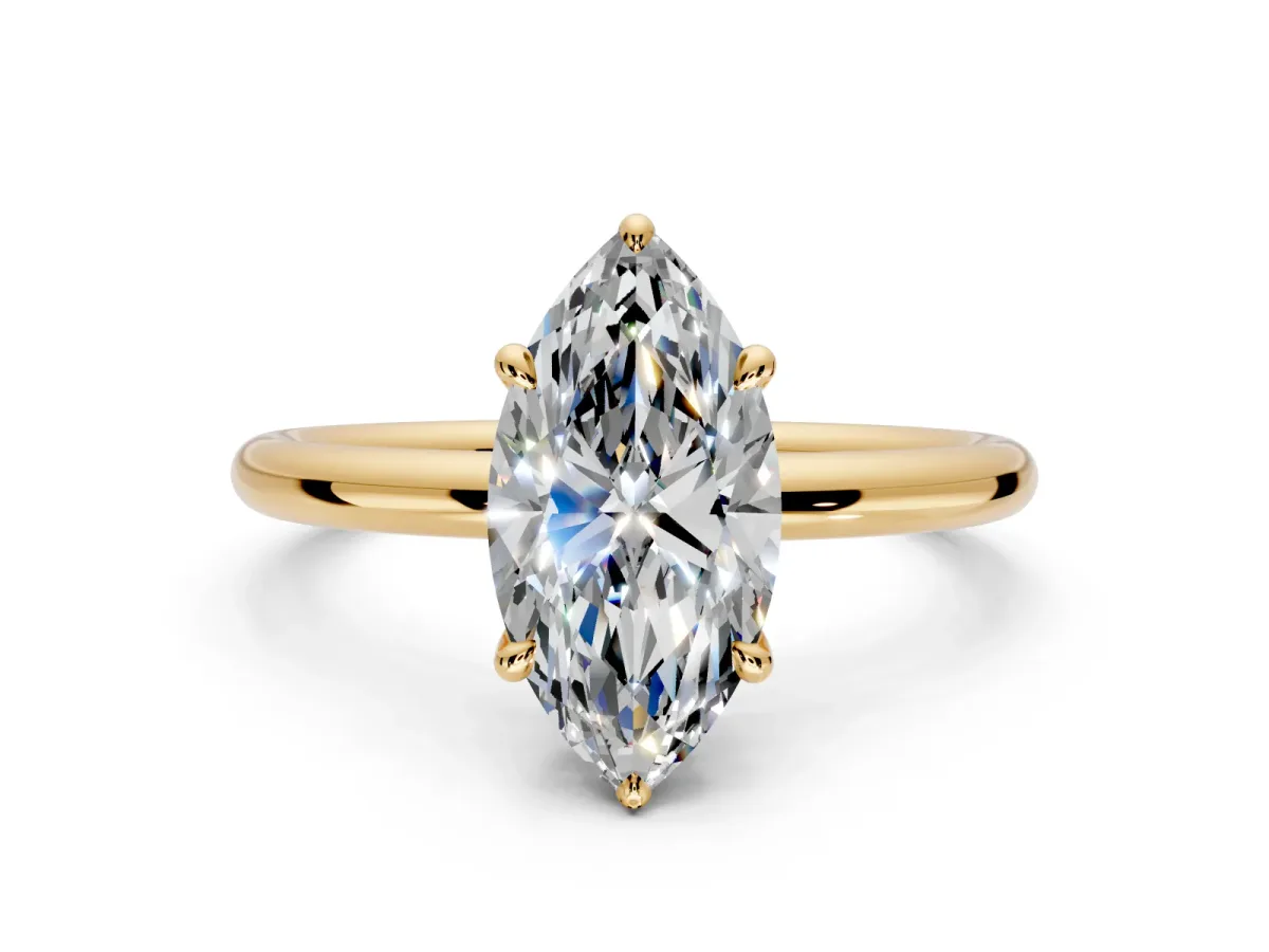 Hidden Halo Engagement Ring Setting for Marquise Center with Thin Rounded Band and Prong Head in Yellow Gold