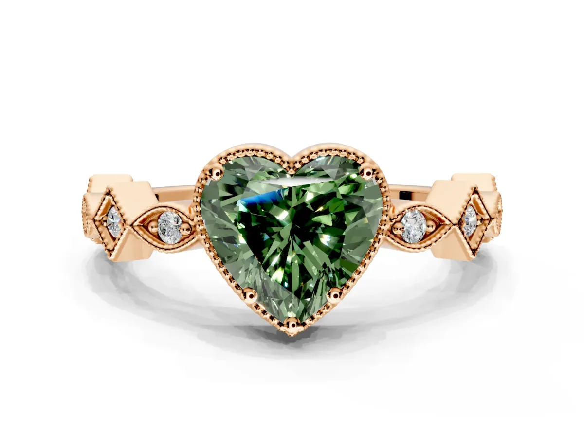 Milgrain Bezel Engagement Ring Setting for Fancy Green Heart-Shaped Center with Marquise Stations and Bezel Head in Rose Gold