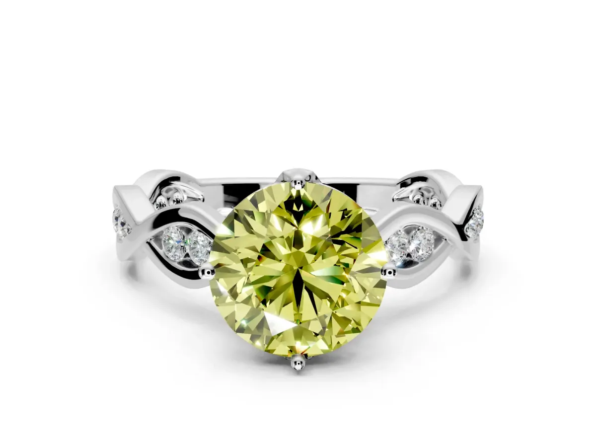 Solitaire Engagement Ring Setting for Fancy Yellow Round Cut Center with Accented Twist Band and Leaf Prong Head in Platinum