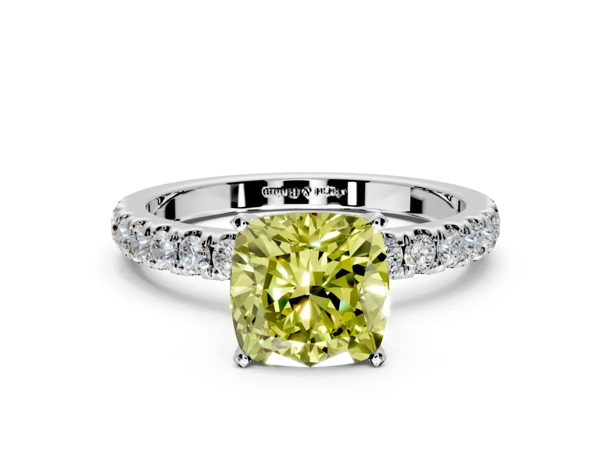 Open Basket Engagement Ring Setting for Fancy Yellow Cushion Cut Center with Pave Band and Prong Head in Platinum