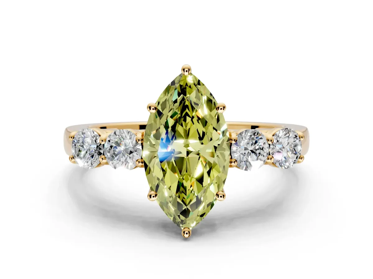 5 Stone Engagement Ring Setting for Fancy Yellow Marquise Center with Equal Close-Set Accents and Prong Head in Yellow Gold