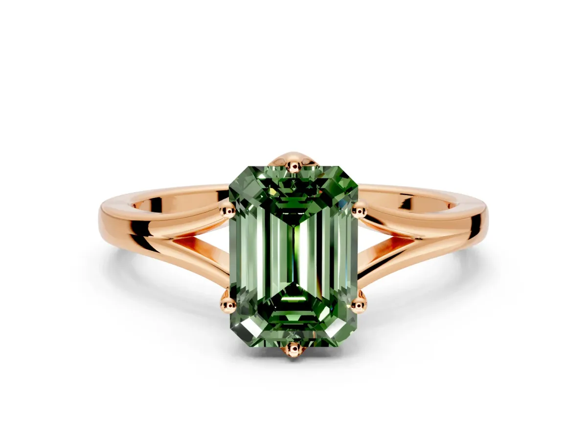 Solitaire Engagement Ring Setting for Fancy Green Emerald Cut Center with Plain Split Shank and Prong Head in Rose Gold