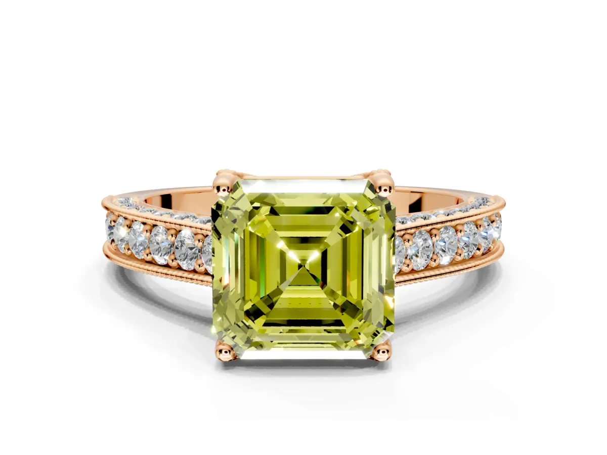 Solitaire Engagement Ring Setting for Fancy Yellow Asscher Cut Center with Milgrain-Framed Pave Band and Prong Head in Rose Gold