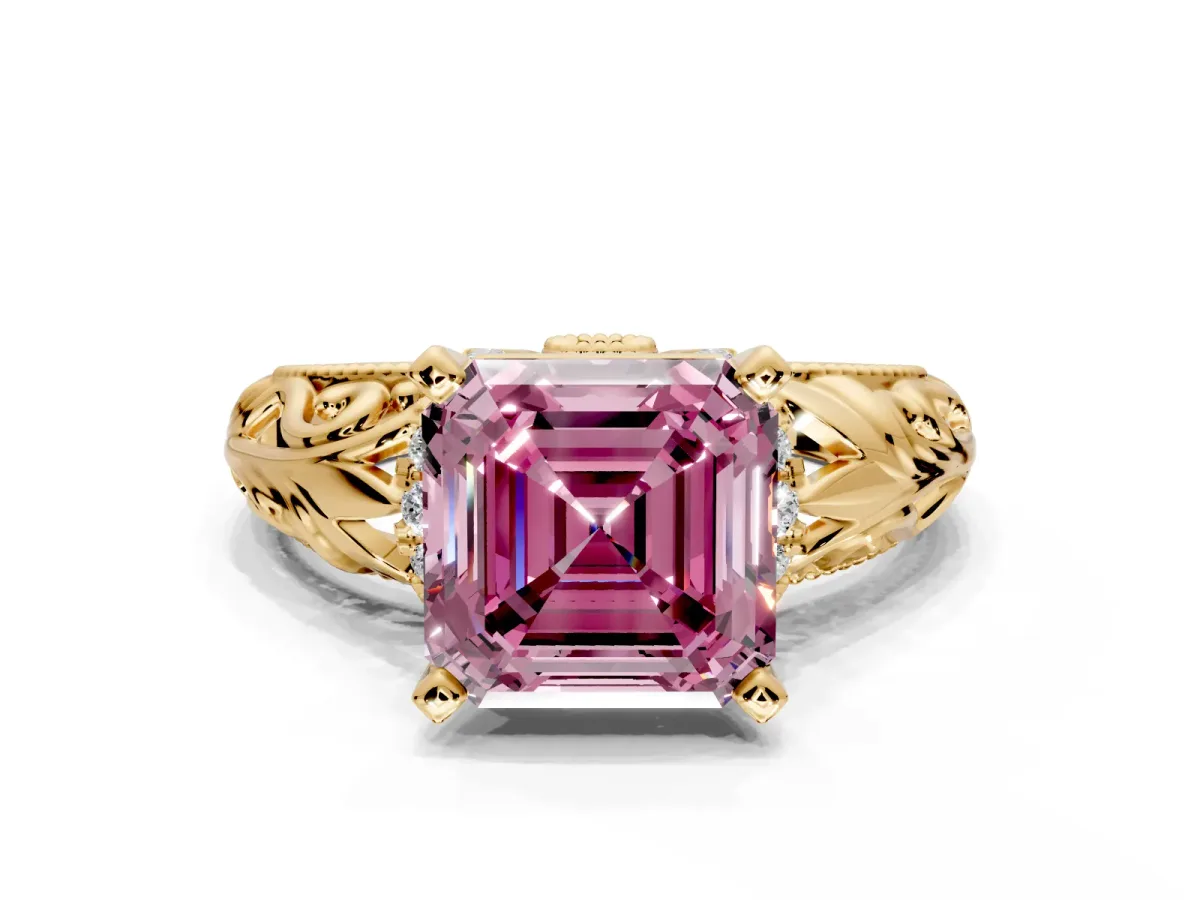 Solitaire Engagement Ring Setting for Fancy Pink Asscher Cut Center with Filigree Accent Basket and Prong Head in Yellow Gold