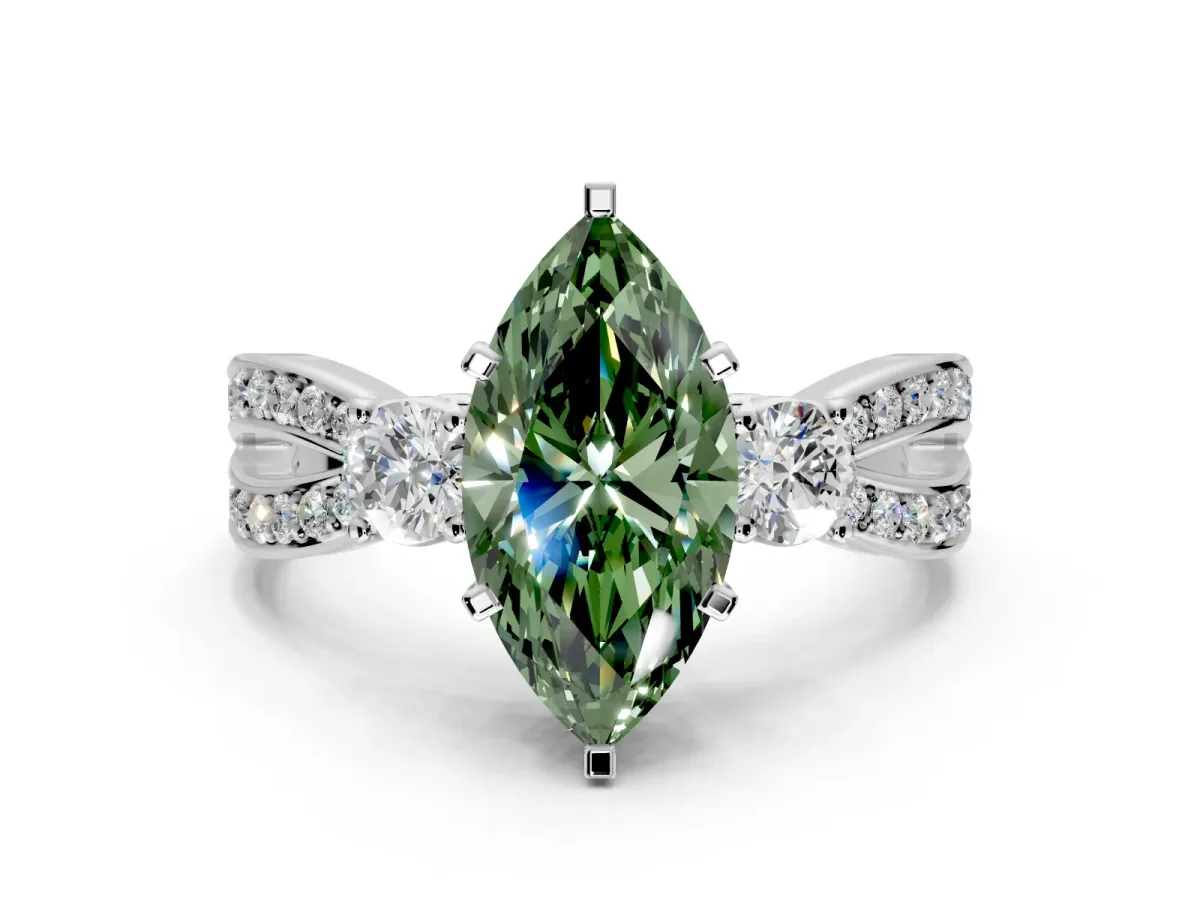 3 Stone Engagement Ring Setting for Fancy Green Marquise Center with Pave Twist Band and Prong Head in Platinum
