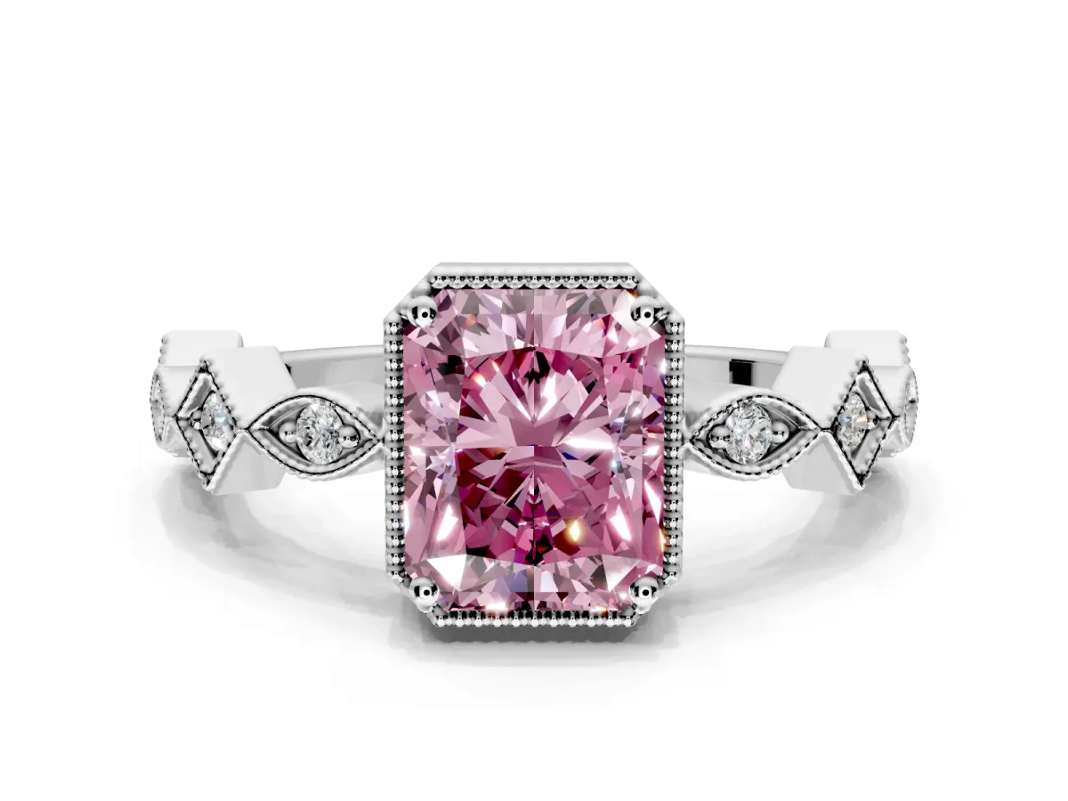 Milgrain Bezel Engagement Ring Setting for Fancy Pink Radiant Cut Center with Marquise Stations and Bezel Head in Platinum